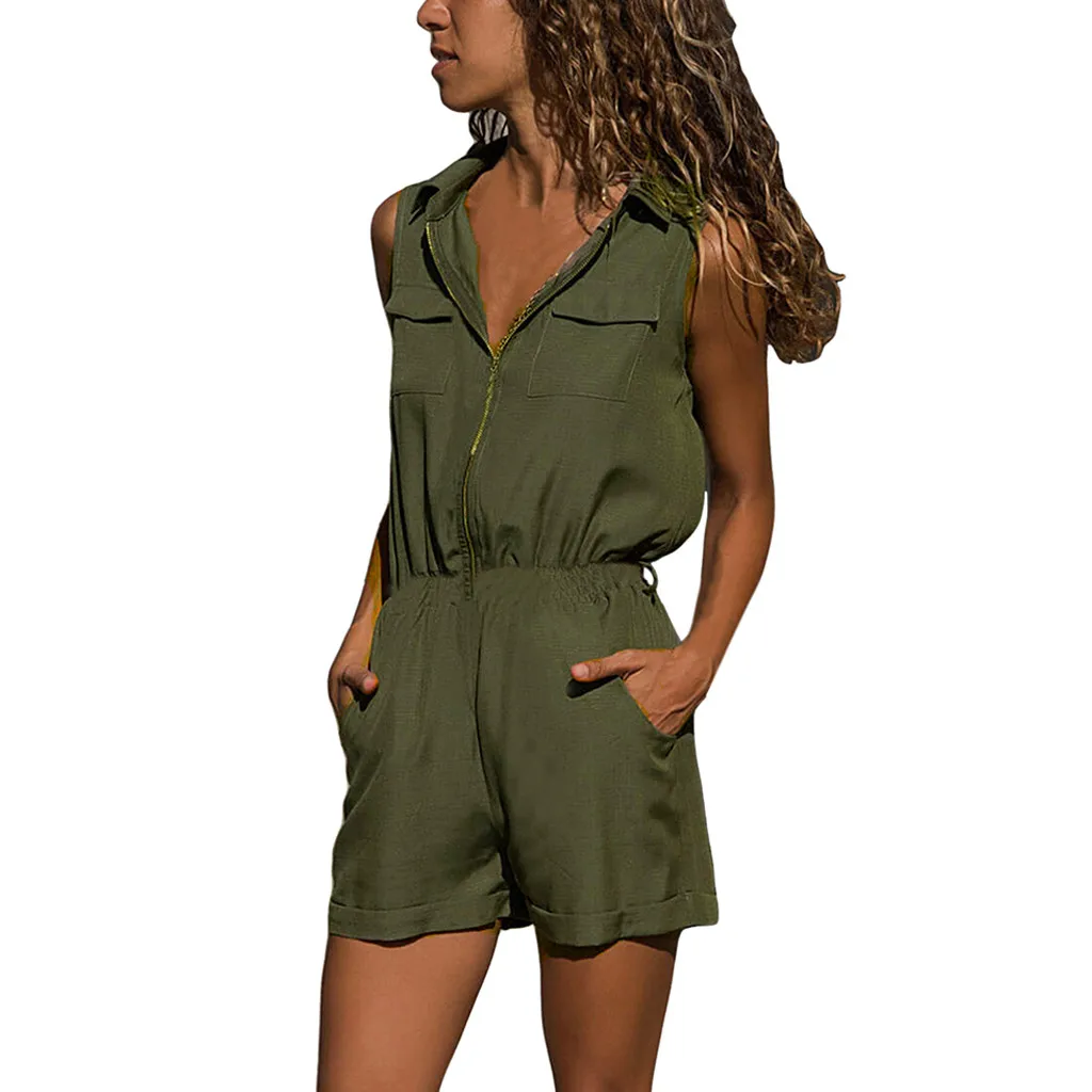 Women Summer Elegant With Elastic Waist Playsuit Casual Sleeveless Zippered Shorts Overall Jumpsuit Playsuit#19628