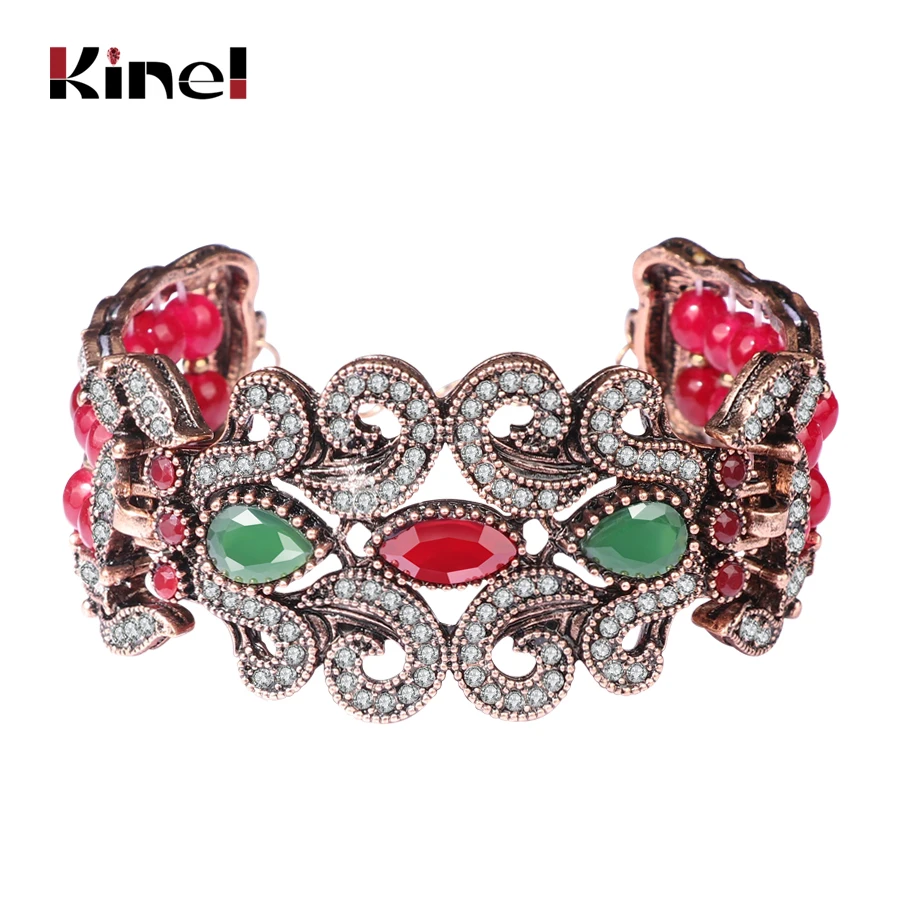 

Kinel Hot Fashion Antique Gold Big Bracelet Natural Stone Crystal Beads Bangle For Women Punk Rock Vintage Jewelry Gift 2017 New