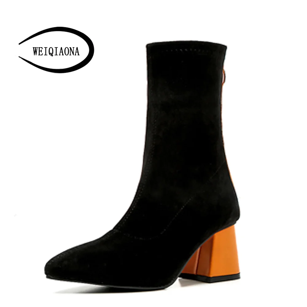 Design Shunruyan Courtes 2018 Pionted Du orange New Parti Chaussures Bottes Talons Orteil Noir Robe Brand D'hiver Femmes Haute xBedorC