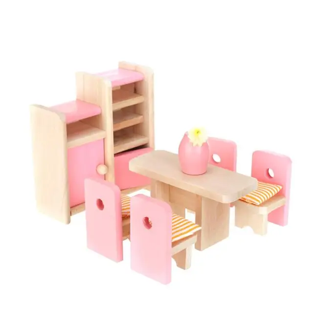 Cheap Restaurant Model Dollhouse Dining Room Wooden Pink Furniture Set Table+Chair+Display Unit+Vase Lounge Furnishings Cheap Restaurant Model Dollhouse Dining Room Wooden Pink Furniture Set Table+Chair+Display Unit+Vase Lounge Furnishings