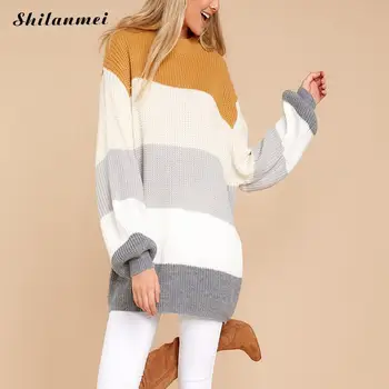 

Women Sweater Fashion Striped Oversize Mid-Long Knitted Pullovers Loose Lantern Sleeve Winter Causal Pull Femme Fashion Jumper