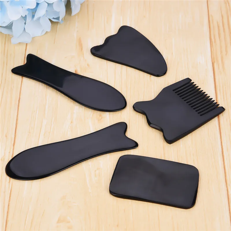 5Pcs Horn Guasha Plate Natural Black Horn Scrapping Plate Kits Guasha Set Leg Slimming Comb Acupuncture Massage Health Relax