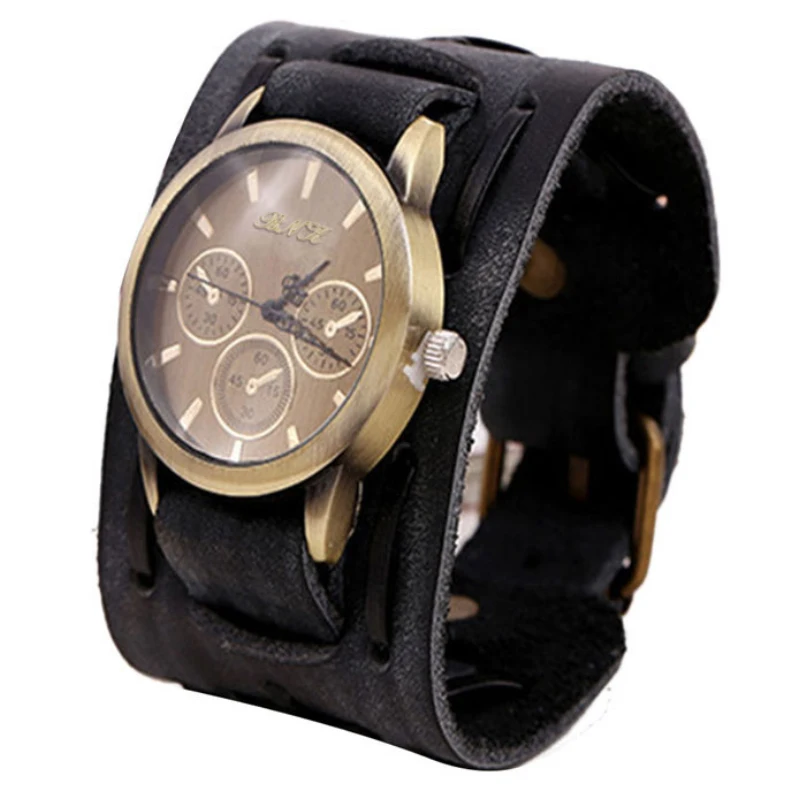 Новый стиль часы Ретро панк Рок коричневый Clcok большой широкий кожаный браслет для мужчин женщин CoolF3