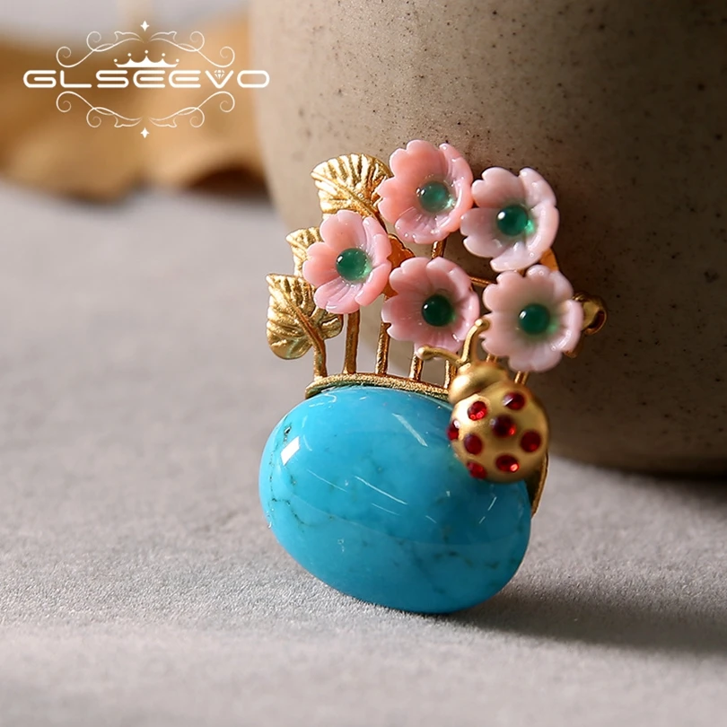 

XlentAg Real 925 Sterling Silver Natural Turquoise Brooch Pins Shell Flower Brooches For Women Dual Use Luxury Jewelry GO0195