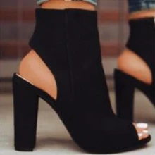 Ботильоны из искусственной замши; повседневная обувь с открытым носком, на высоком каблуке, на молнии; модная женская обувь черного цвета на резиновой подошве с квадратным каблуком; большой размер 43