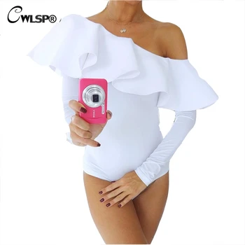 CWLSP Autumn New Ruffles Slash Neck Bodysuit Women Long Sleeve off the shoulder jumpsuit Slim White black Rompers QL2618