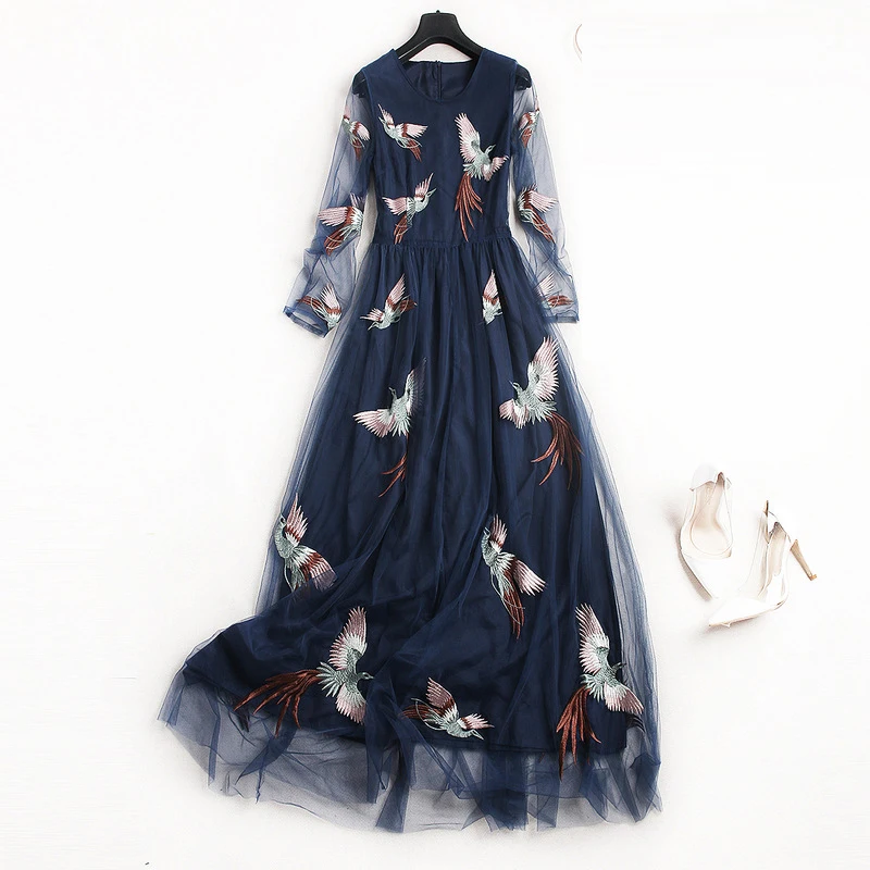 

Hot-sales 2019 Spring New Dress Beautiful Embroidery Mesh Stitching Perspective Bohemian Dress Temperament Women Clothing