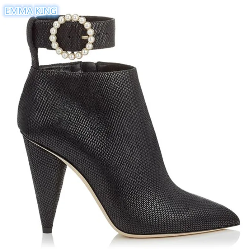 

Autumn Spike Heels Ankle Boots Women Black Leather Shoes High Heels Pointed Toe Fashion Ladies Pearl Buckle Strap Botas Mujer
