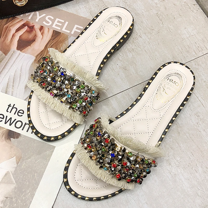 Designer Luxury Bling Slippers Women Shoes Ladies Flat Summer Slippers