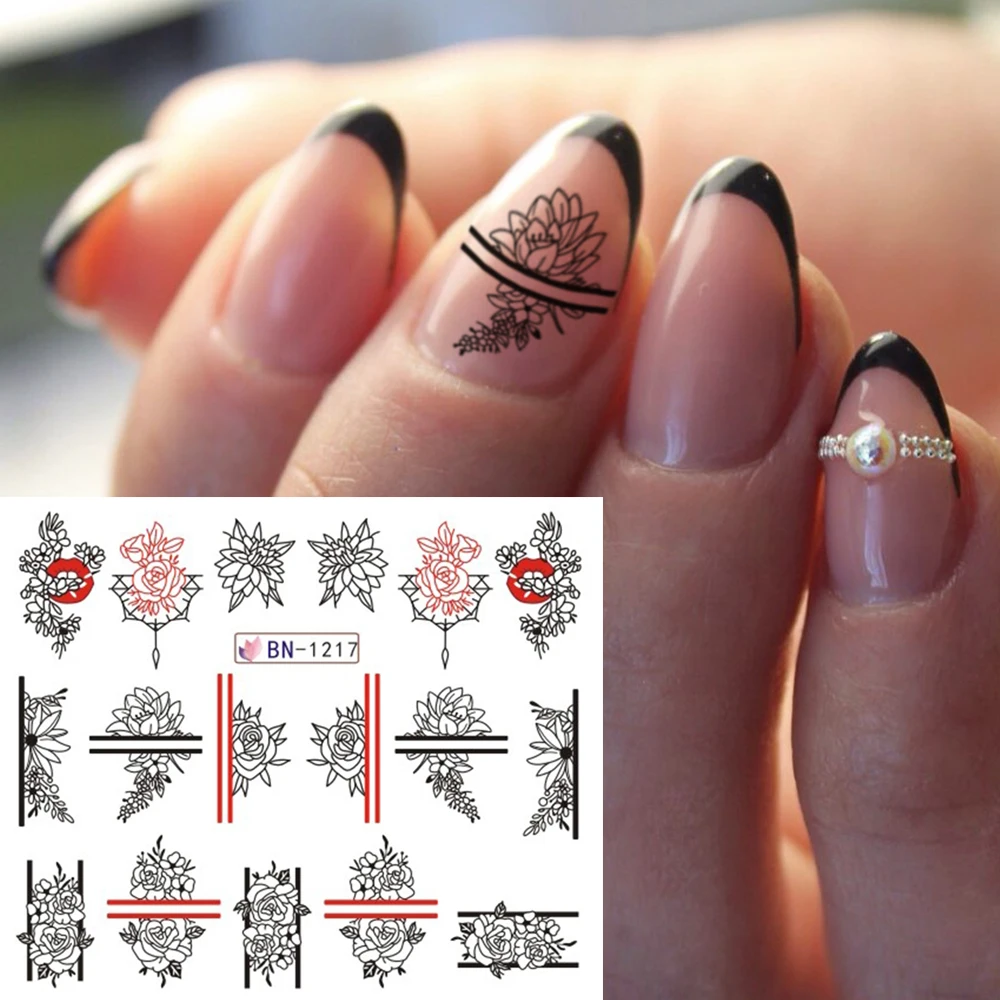 

1pc Black White Lace Flowers Stickers For Nails Plants Green Leaf Water Slider Tattoo Decal Nail Art Decorations BEBN1213-1224-1