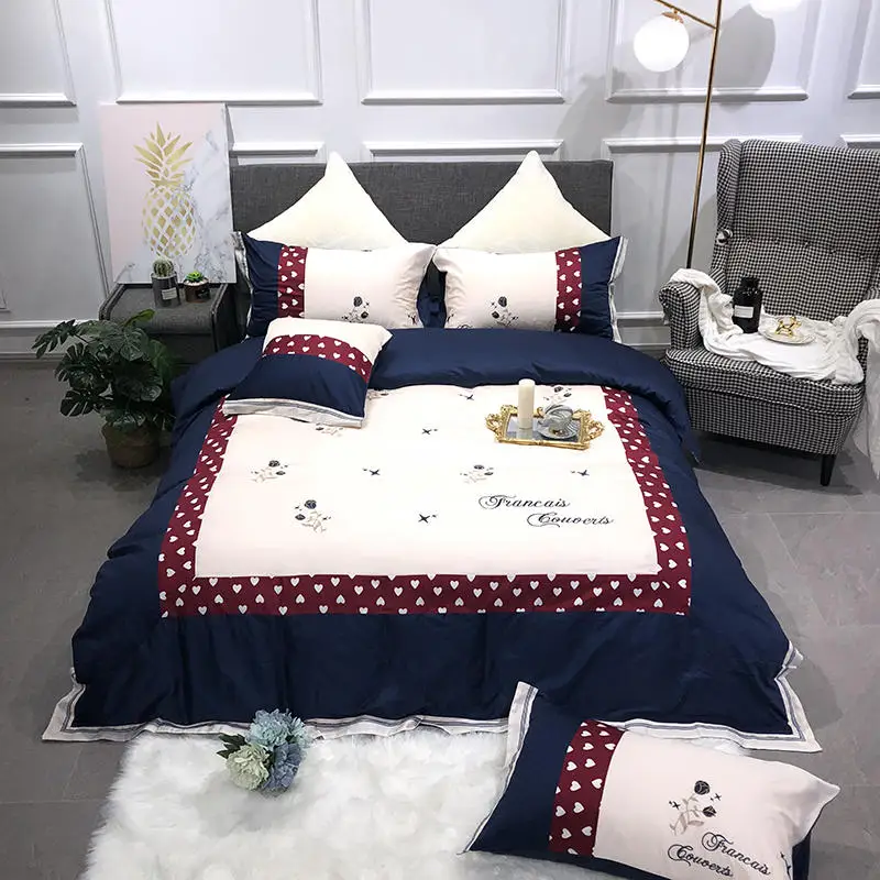 4 Piece Luxury Embroidery Blue White Hearts Bedding Egyptian