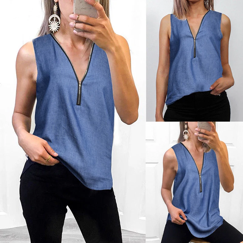 

Women Denim Tank Tops Summer New Zipper V Neck Tops Sleeveless Casual Shirts