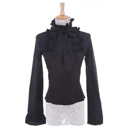 Черный блузка для вечеринок Для женщин ретро Винтаж викторианская готика Лолита с длинным рукавом и стоячим воротником Однотонная рубашка