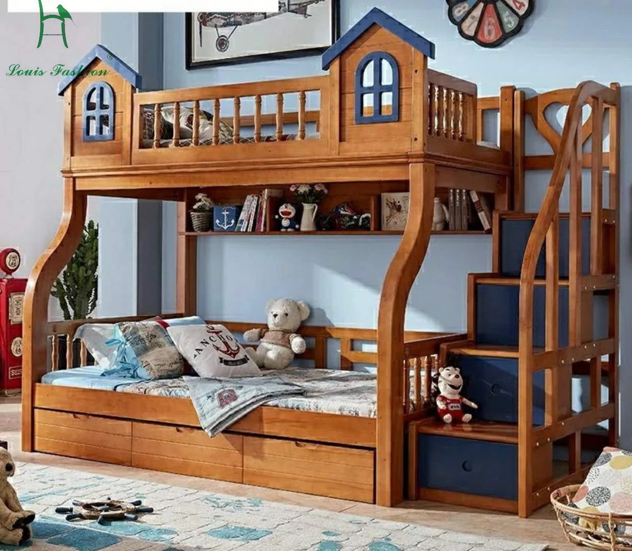 Луи мода Верхняя и нижняя двойные родитель и ребенок комбинированные кровати для средиземноморских детей - Цвет: Blue Small