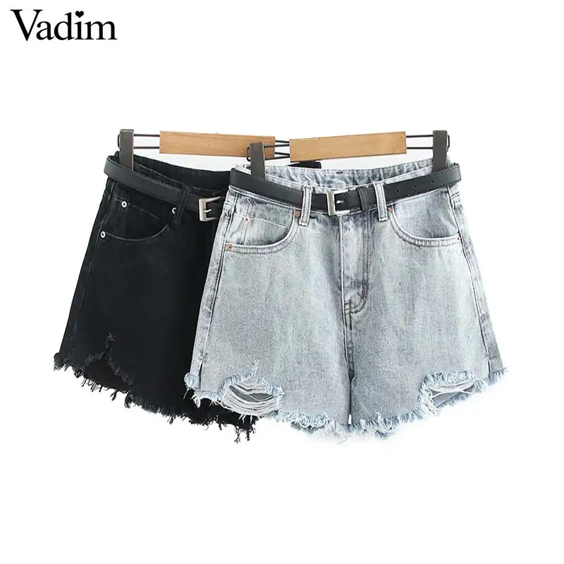 

Vadim women stylish summer denim shorts sashes pockets decorate hem hole female casual wear short pantalone cortos SA116