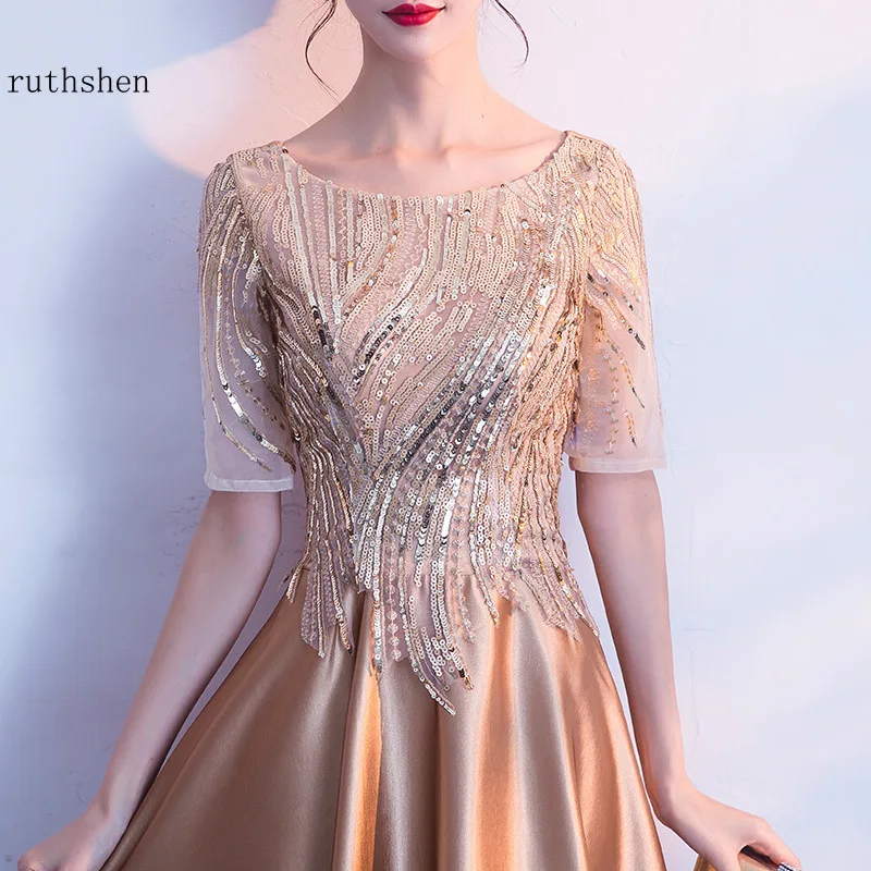 Luxury Prom Long Elegant Dresses Half Sleeves Gold Black Red Sequin Lace Formal Pageant Party Evening Gowns