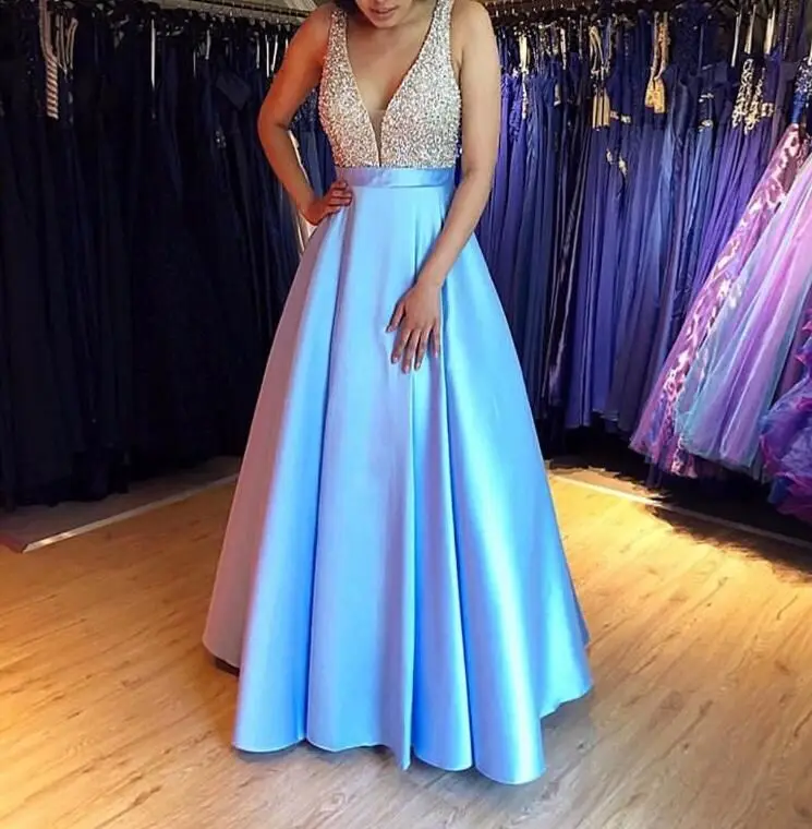 

Sexy Long Satin Prom Dresses for Women Beaded Floor Length Custom Made Gala Jurken Special Occasion Event for Women Wear