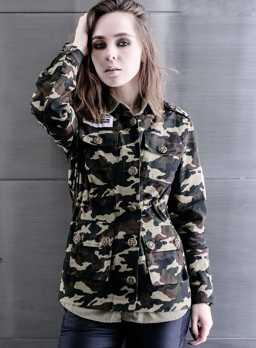 

Camo Jacket Women Spring Autumn Military Jacket Epaulet Apliques Adjustable Waist With Sashes Cardigan Coat chaqueta mujer C5302