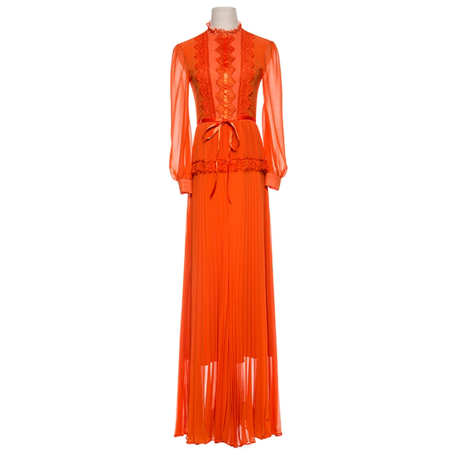 Luxury XXL Women Vestido Dresses 2018 Spring Runway Fashion Lace Ruffles Bow Patchwork Lantern Long Sleeve Pleated Maxi Dress