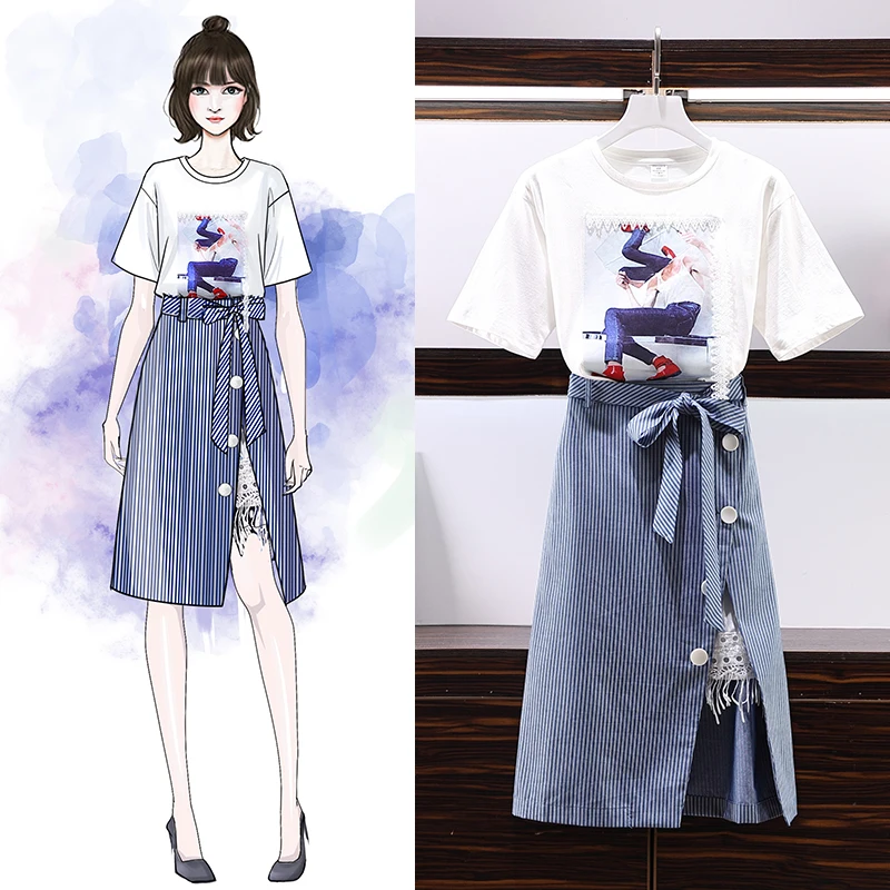 ALPHALMODA Женская стильная футболка + юбка в полоску с разрезом модные комплекты из 2