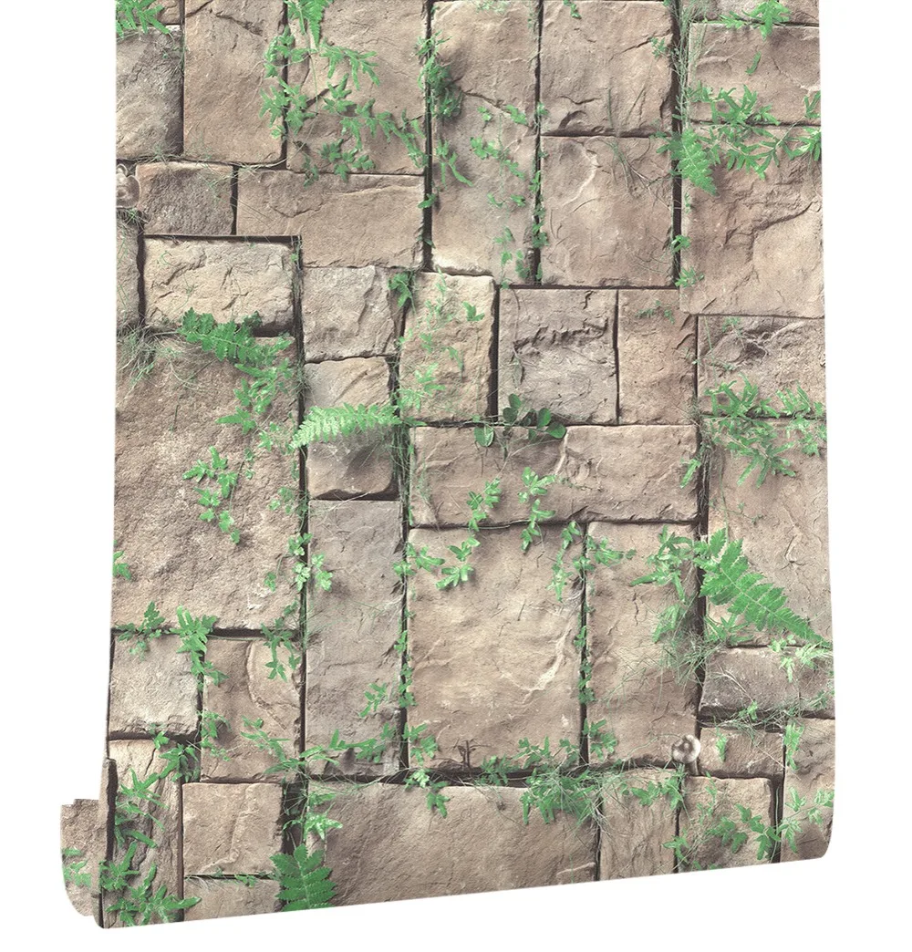 

HaokHome Vintage 3D Brick PVC Vinyl Wallpaper PVC Rolls Brown/Green Grass Leaves Stone Murals Home Kitchen Bathroom Decoration