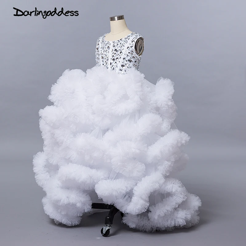 

White High Low Cloud Little Flower Girls Dresses for Weddings First Communion Dress for girls Kids Evening Gowns Prom Dress 2017