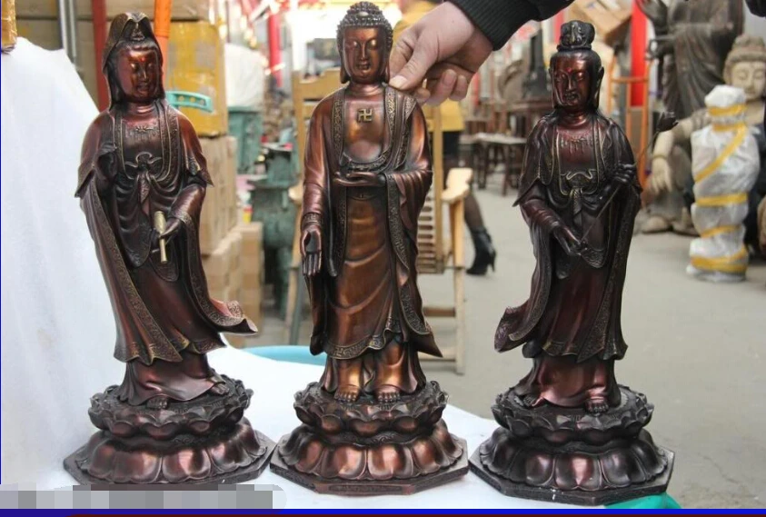 

18 Tibet Red Copper Three Saints of the West Kwan-Yin Guan yin Buddha Statue Set