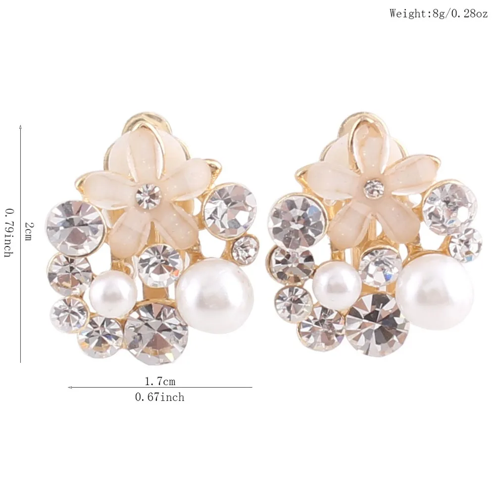 Rhinestone Opal Flower Simulated Pearl Water Drop Shape Clip on Earrings for Women ear clip earrings,clip earrings,ear clip