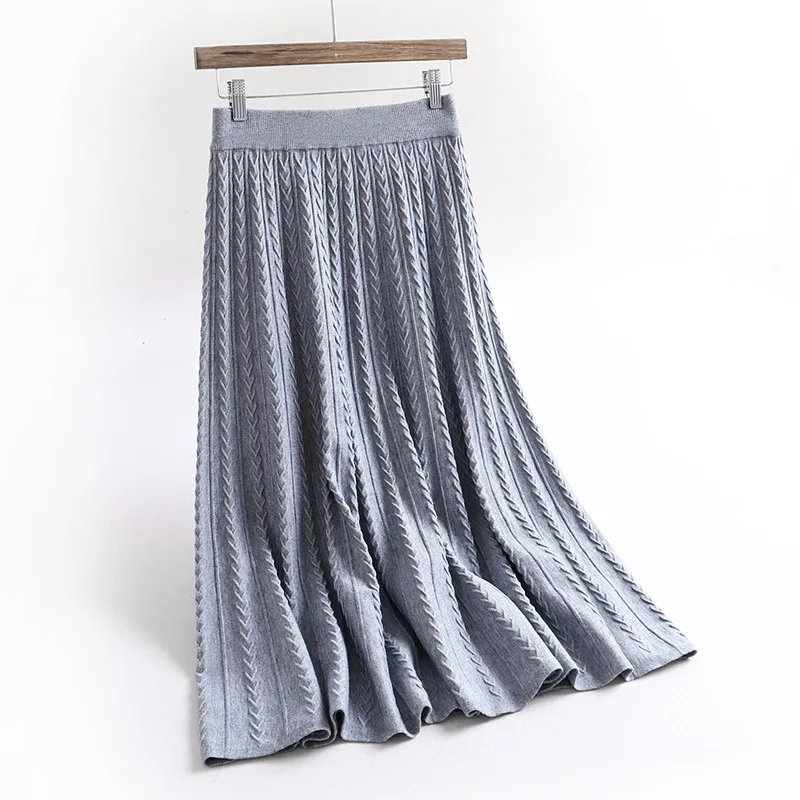 negro Falda Jacquard Paraguas 2019 Largo Punto marrón invierno Alta Beige Cintura Otoño Mujer Faldas Retro Nueva De La Palabra gris Lana 4wO7qWU