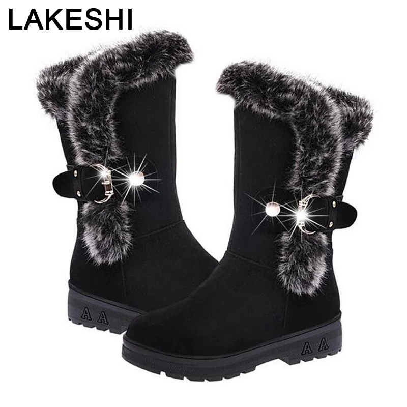 

LAKESHI Fashion Winter Boots Women Warm Fur Mid-Calf Boots Women Snow Boots Women Boots Suede Women Shoes Botas Zapatos Mujer