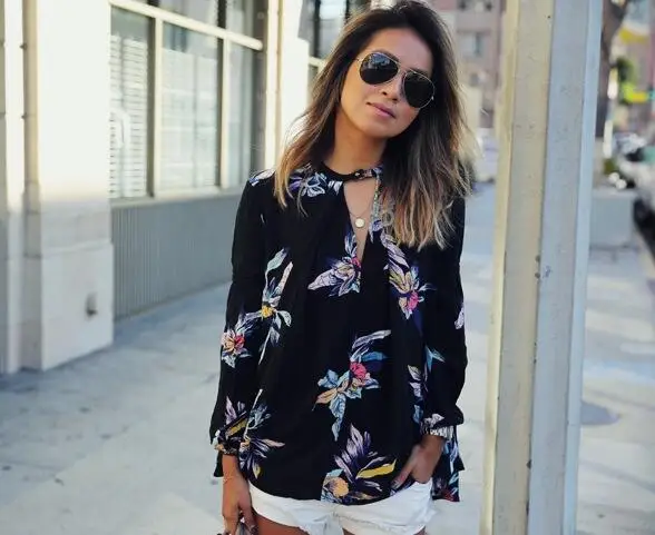 

2017 New Summer Long Sleeve Casual Chiffon Tops Shirts Fashion Floral Print Black Blouse Shirts