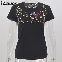 IZEVUS, женская футболка, хлопок, повседневная, расшитая блестками, принт со звездами, футболка, летний топ, круглый вырез, короткий рукав, ручная работа, вышивка бисером, женская одежда