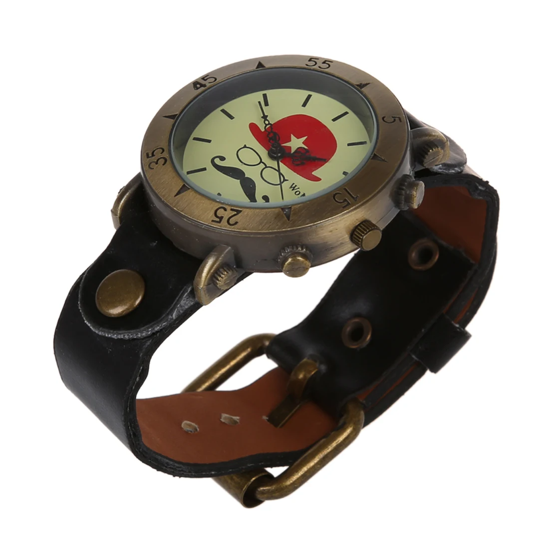 

Practical Bronze Dial Black PU Band Quartz Wrist Watch Women Men Fashion