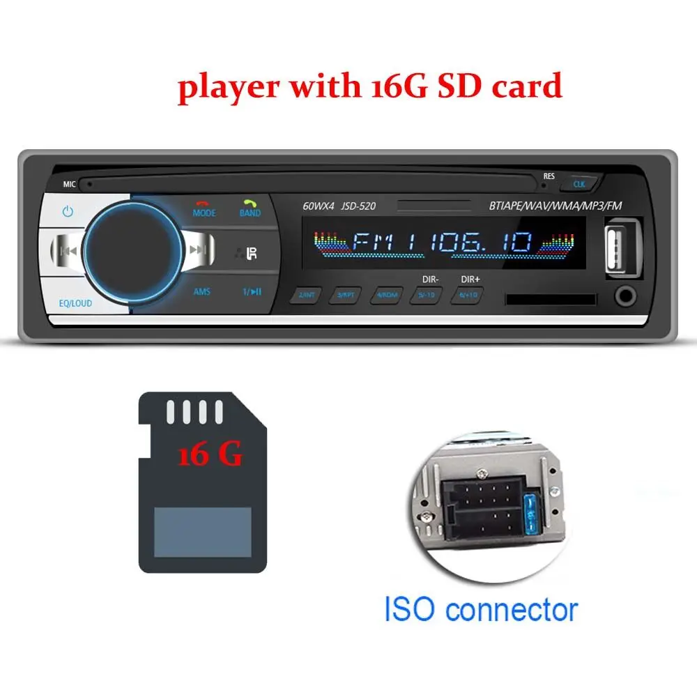 Hikity Автомагнитола 1din Bluetooth стерео MP3 плеер Coche радио FM Aux вход приемник SD USB Авто аудио стерео JSD-520 - Цвет: ISO With 16G Card