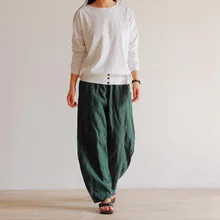 Осенняя женская футболка с корсетом из хлопка и льна с длинными рукавами размера плюс женская одежда темно-синие топы с круглым вырезом однотонная свободная дешевая одежда из Китая