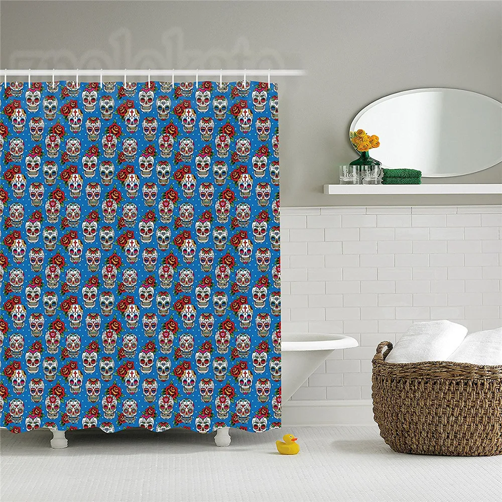 

Skulls Decorations Shower Curtain Set Pattern With Skulls Roses In Floral Mexican Style Bathroom Accessories
