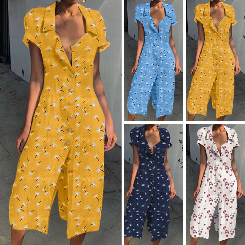 Женский комбинезон с разрезом спереди, женская одежда, летние, Boho, с принтом, короткий рукав, отложной воротник, вечерние, до середины икры, пляжный, женский комбинезон