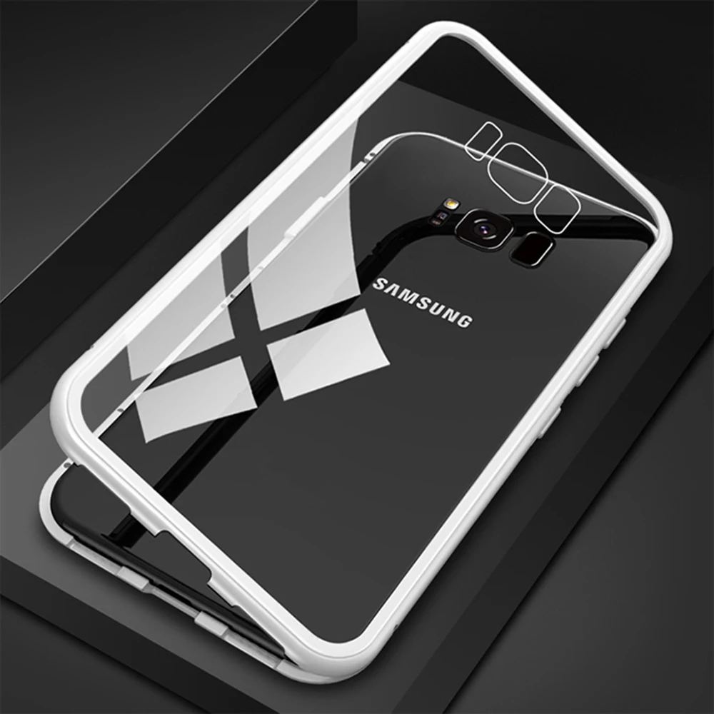 Магнитный чехол для samsung Galaxy S8 Note 9, 8, S9 Plus, S7 Edge, роскошный чехол, Прозрачный чехол для мобильного телефона, закаленное стекло, задняя крышка Etui - Цвет: clear white