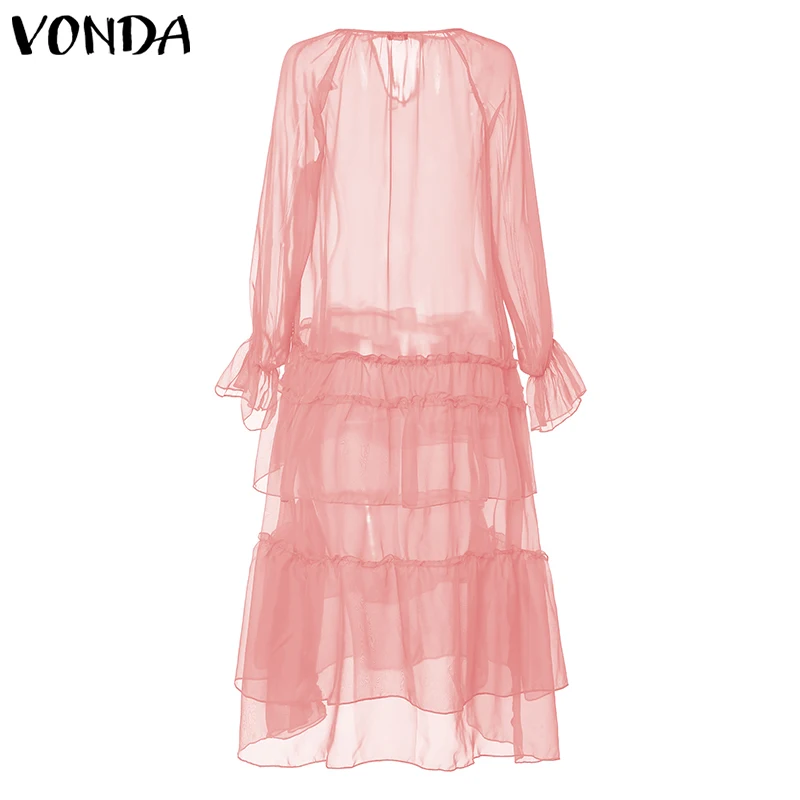 VONDA богемное женское платье макси летнее сексуальное пляжное платье с v-образным вырезом прозрачное повседневное свободное винтажное многослойное платье размера плюс