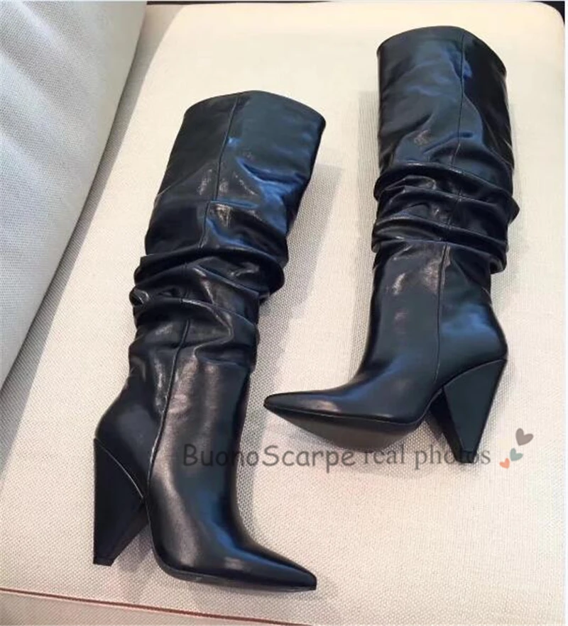 BuonoScarpe Leather Knee High Boots Woman Pointed Toe Strange High Heel Shoes Women Chic Spike Heel Long Pleated Boots New