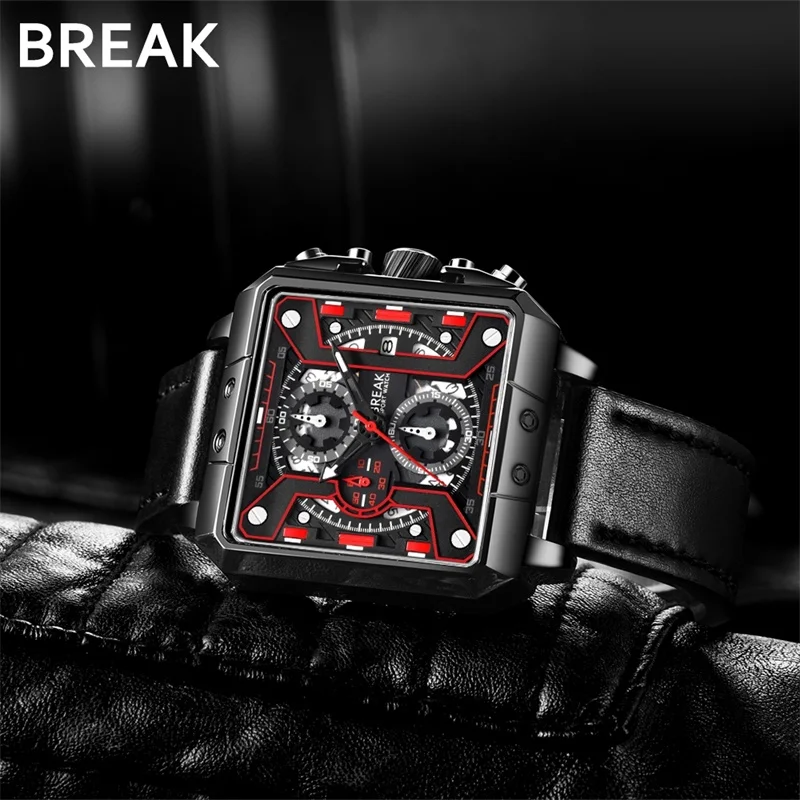 BREAK мужские роскошные модные повседневные наручные часы с квадратным циферблатом, Кварцевые спортивные водонепроницаемые часы с хронографом и календарем