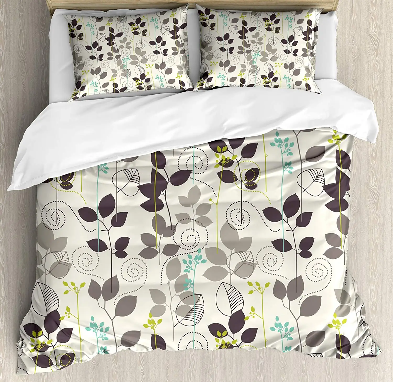 

Floral Duvet Cover Set King Size Doodle Leave Earthen Toned Leaf Branches Autumn Beauty Season Bedding Set Coconut Taupe Seafoam