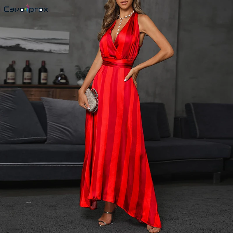 

Women Gradient Stripes V-Neck Sleeveless Dress Streetwear Halter Ankle-Length Wrap Belt Elegant NIght Club Party Dress