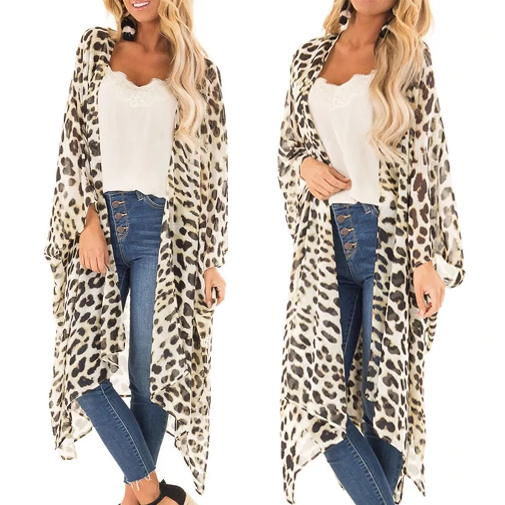 

MUQGEW New Arrival Womens Blouse Summer Fashion Sexy Short Sleeve Leisure Leopard Print V-Neck Long Cardigan Coat bayan bluz