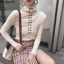 Woherb, винтажный двубортный свитер-водолазка, женская зимняя одежда, корейский стиль, Harajuku, вязанный джемпер, пуловер, для женщин