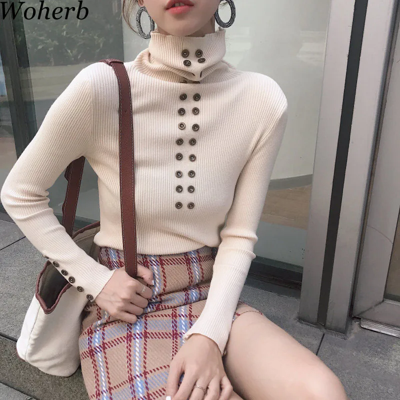 

Woherb 2019 Vintage Double-breasted Turtleneck Sweater Women Winter Clothes Korean Harajuku Knit Jumper Pullover Pull Femme
