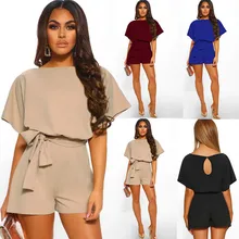 Однотонный комбинезон с круглым вырезом и коротким рукавом, широкий однотонный комбинезон с высокой талией, короткие штаны, комбинезон на завязках, mujer, комбинезон#32