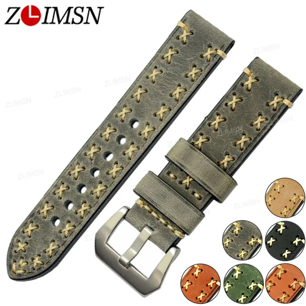 ZLIMSN Thick Real Leather Watch Strap 26mm 24mm 22mm 20mm Bands Green Brown Grey Metal Buckle