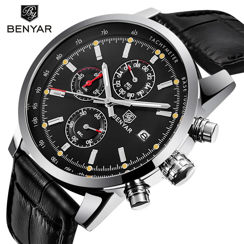 

BENYAR 2018 New Casual fashion Chronograph Quartz Watch Men Sport Watch Luxury Brand Leather WristWatch Men Business Male Clock