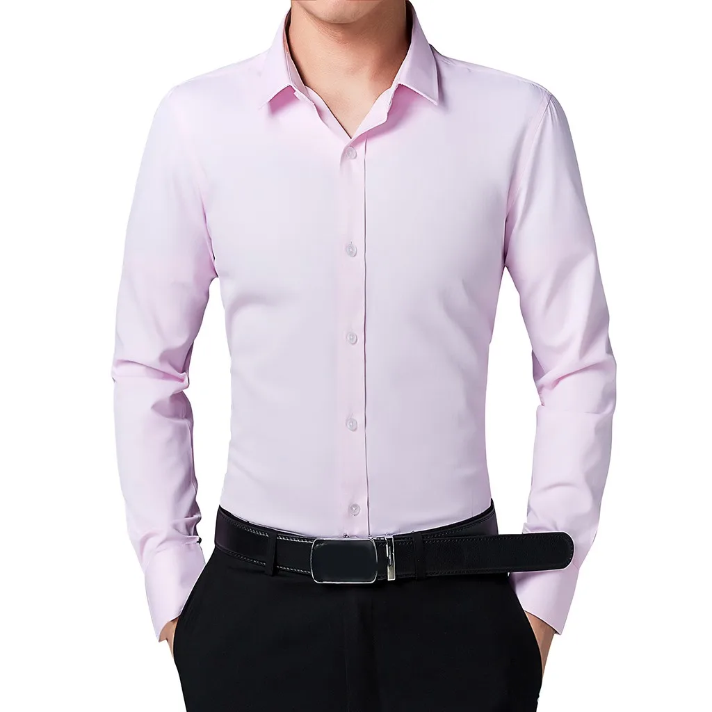 Feitong Slim Business Shirt Men Fashion Style Body-Building Solid Black White Blue Pink Long-Sleeved Autumn All Match Shirts